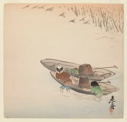 Fischer mit Junge und Booten aus der Serie Hana Kurabe, ca. 1880